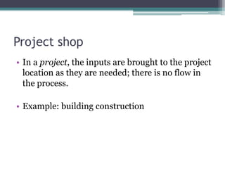 Project shop
• In a project, the inputs are brought to the project
location as they are needed; there is no flow in
the process.
• Example: building construction
 