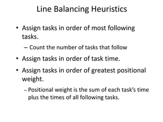 • Assign tasks in order of most following
tasks.
– Count the number of tasks that follow
• Assign tasks in order of task time.
• Assign tasks in order of greatest positional
weight.
– Positional weight is the sum of each task’s time
plus the times of all following tasks.
Line Balancing Heuristics
 