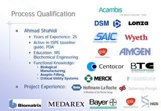 Process Qualification

    Ahmad Shahidi
        Years of Experience: 25
        Active in ISPE baseline
        guide, PDA
        Education: MS
        Biochemical Engineering
        Functional Knowledge:
           Biological                 Centocor
           Manufacturing,
           Aseptic Filling,
           Critical Utility Systems

    Project Experience:
 
