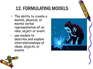 12. FORMULATING MODELS
• The ability to create a
mental, physical, or
mental verbal
representation of an
idea, object or event.
• use models to
describe and explain
interrelationships of
ideas, objects, or
events
 