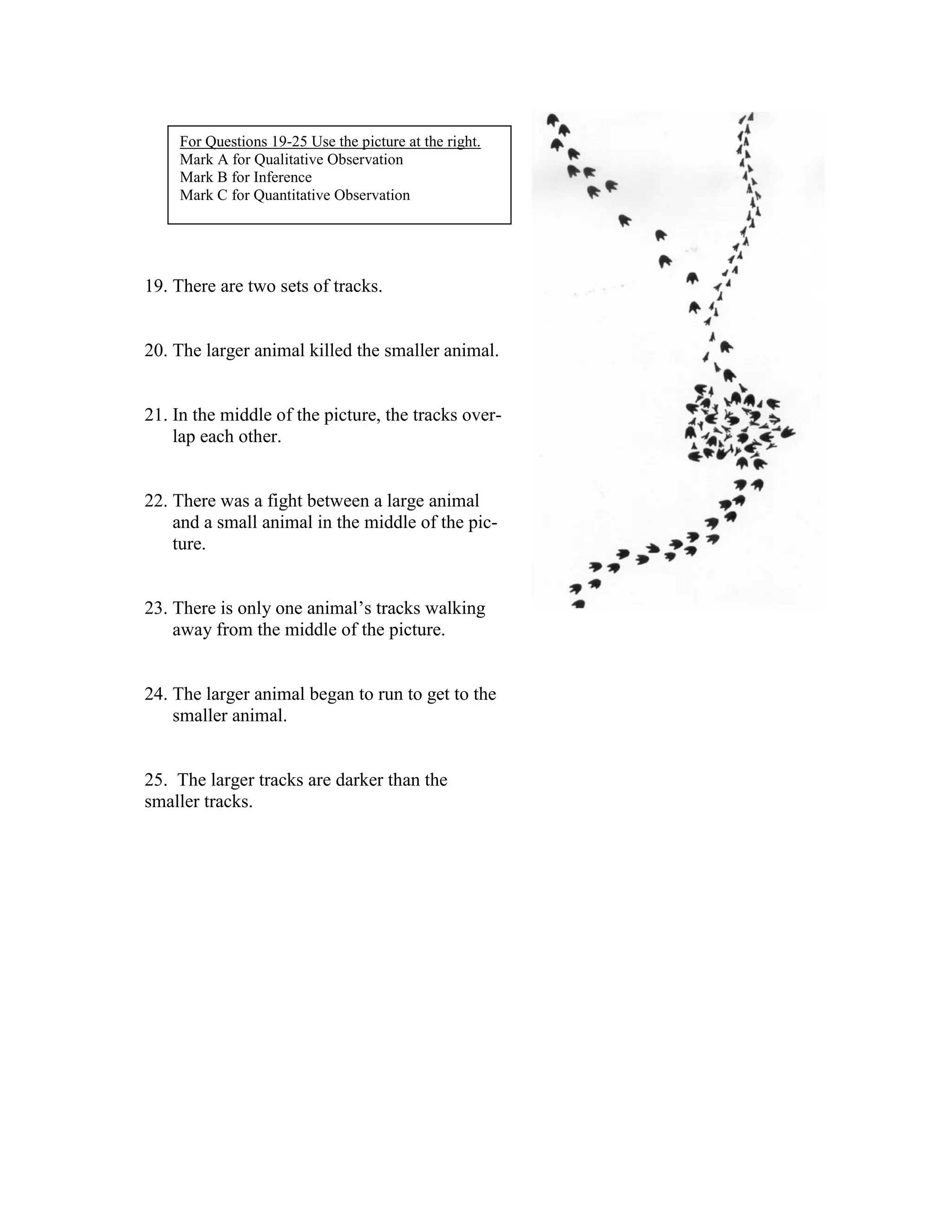 For Questions 19-25 Use the picture at the right.
    Mark A for Qualitative Observation
    Mark B for Inference
    Mark C for Quantitative Observation




19. There are two sets of tracks.


20. The larger animal killed the smaller animal.


21. In the middle of the picture, the tracks over-
    lap each other.


22. There was a fight between a large animal
    and a small animal in the middle of the pic-
    ture.


23. There is only one animal’s tracks walking
    away from the middle of the picture.


24. The larger animal began to run to get to the
    smaller animal.


25. The larger tracks are darker than the
smaller tracks.
 
