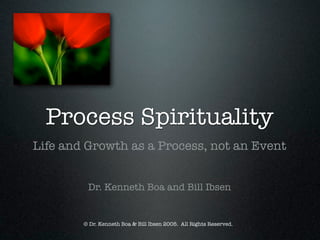 Process Spirituality
Life and Growth as a Process, not an Event


         Dr. Kenneth Boa and Bill Ibsen


        © Dr. Kenneth Boa & Bill Ibsen 2005.  All Rights Reserved.
 