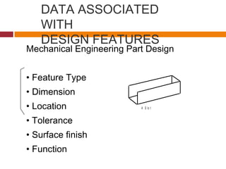 DATA ASSOCIATED
WITH
DESIGN FEATURES
Mechanical Engineering Part Design
• Feature Type
• Dimension
• Location
• Tolerance
• Surface finish
• Function
A S lo t
 