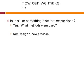 How can we make
it?
 Is this like something else that we’ve done?
 Yes; What methods were used?
 No; Design a new process
 