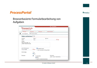 ProcessPortal
 Browserbasierte Formularbearbeitung von
 Aufgaben




                        © imatics Software GmbH   6
 