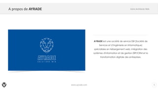 A propos de AYRADE
www.ayrade.com 3
Votre Architecte Web
AYRADE est une société de service SSII (Société de
Services et d’Ingénierie en Informatique)
spécialisée en hébergement web, intégration des
systèmes d'information et de gestion ERP/CRM et la
transformation digitale des entreprises.
 