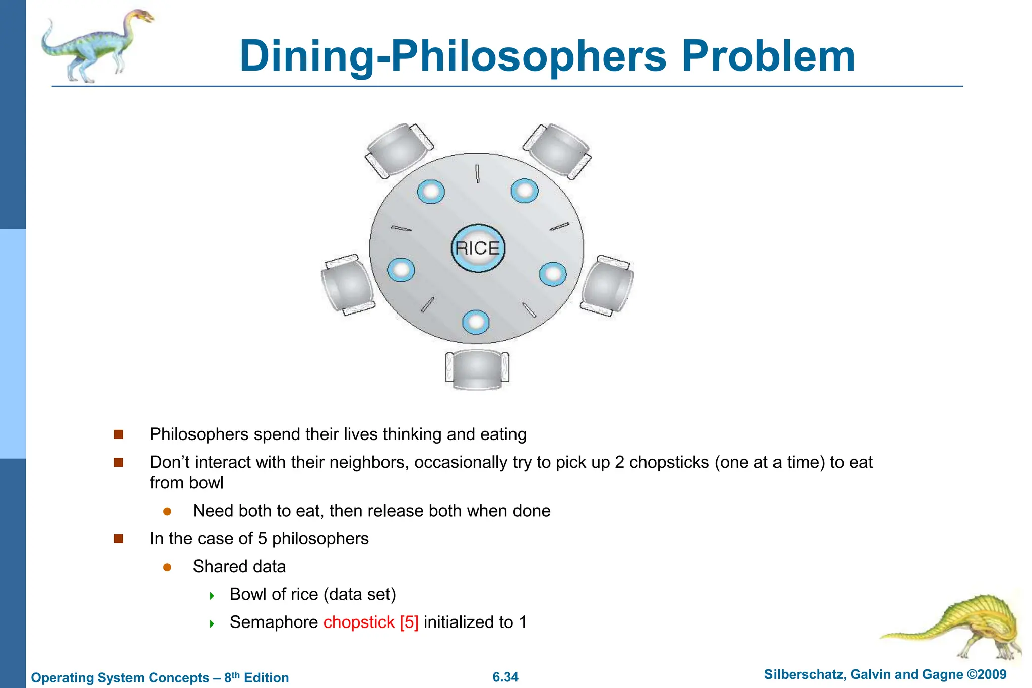 6.34 Silberschatz, Galvin and Gagne ©2009
Operating System Concepts – 8th Edition
Dining-Philosophers Problem
 Philosophers spend their lives thinking and eating
 Don’t interact with their neighbors, occasionally try to pick up 2 chopsticks (one at a time) to eat
from bowl
 Need both to eat, then release both when done
 In the case of 5 philosophers
 Shared data
 Bowl of rice (data set)
 Semaphore chopstick [5] initialized to 1
 