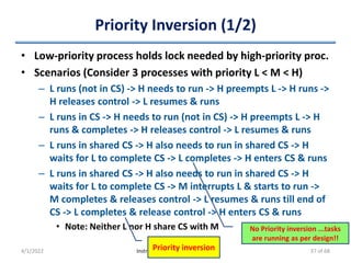 Priority Inversion (1/2)
• Low-priority process holds lock needed by high-priority proc.
• Scenarios (Consider 3 processes with priority L < M < H)
– L runs (not in CS) -> H needs to run -> H preempts L -> H runs ->
H releases control -> L resumes & runs
– L runs in CS -> H needs to run (not in CS) -> H preempts L -> H
runs & completes -> H releases control -> L resumes & runs
– L runs in shared CS -> H also needs to run in shared CS -> H
waits for L to complete CS -> L completes -> H enters CS & runs
– L runs in shared CS -> H also needs to run in shared CS -> H
waits for L to complete CS -> M interrupts L & starts to run ->
M completes & releases control -> L resumes & runs till end of
CS -> L completes & release control -> H enters CS & runs
• Note: Neither L nor H share CS with M
4/1/2022 Instructor: Mr.S.Christalin Nelson
No Priority inversion ...tasks
are running as per design!!
Priority inversion 37 of 68
 