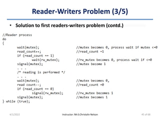 Reader-Writers Problem (3/5)
• Solution to first readers-writers problem (contd.)
4/1/2022 Instructor: Mr.S.Christalin Nelson 45 of 68
 