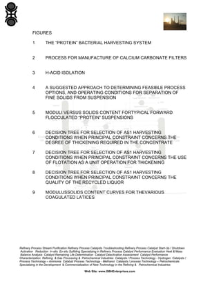 FIGURES
1

THE “PROTEIN” BACTERIAL HARVESTING SYSTEM

2

PROCESS FOR MANUFACTURE OF CALCIUM CARBONATE FILTERS

3

H-ACID ISOLATION

4

A SUGGESTED APPROACH TO DETERMINING FEASIBLE PROCESS
OPTIONS, AND OPERATING CONDITIONS FOR SEPARATION OF
FINE SOLIDS FROM SUSPENSION

5

MODULI VERSUS SOLIDS CONTENT FORTYPICAL FORWARD
FLOCCULATED “PROTEIN” SUSPENSIONS

6

DECISION TREE FOR SELECTION OF AS1 HARVESTING
CONDITIONS WHEN PRINCIPAL CONSTRAINT CONCERNS THE
DEGREE OF THICKENING REQUIRED IN THE CONCENTRATE

7

DECISION TREE FOR SELECTION OF AS1 HARVESTING
CONDITIONS WHEN PRINCIPAL CONSTRAINT CONCERNS THE USE
OF FLOTATION AS A UNIT OPERATION FOR THICKENING

8

DECISION TREE FOR SELECTION OF AS1 HARVESTING
CONDITIONS WHEN PRINCIPAL CONSTRAINT CONCERNS THE
QUALITY OF THE RECYCLED LIQUOR

9

MODULUSSOLIDS CONTENT CURVES FOR THEVARIOUS
COAGULATED LATICES

Refinery Process Stream Purification Refinery Process Catalysts Troubleshooting Refinery Process Catalyst Start-Up / Shutdown
Activation Reduction In-situ Ex-situ Sulfiding Specializing in Refinery Process Catalyst Performance Evaluation Heat & Mass
Balance Analysis Catalyst Remaining Life Determination Catalyst Deactivation Assessment Catalyst Performance
Characterization Refining & Gas Processing & Petrochemical Industries Catalysts / Process Technology - Hydrogen Catalysts /
Process Technology – Ammonia Catalyst Process Technology - Methanol Catalysts / process Technology – Petrochemicals
Specializing in the Development & Commercialization of New Technology in the Refining & Petrochemical Industries
Web Site: www.GBHEnterprises.com

 