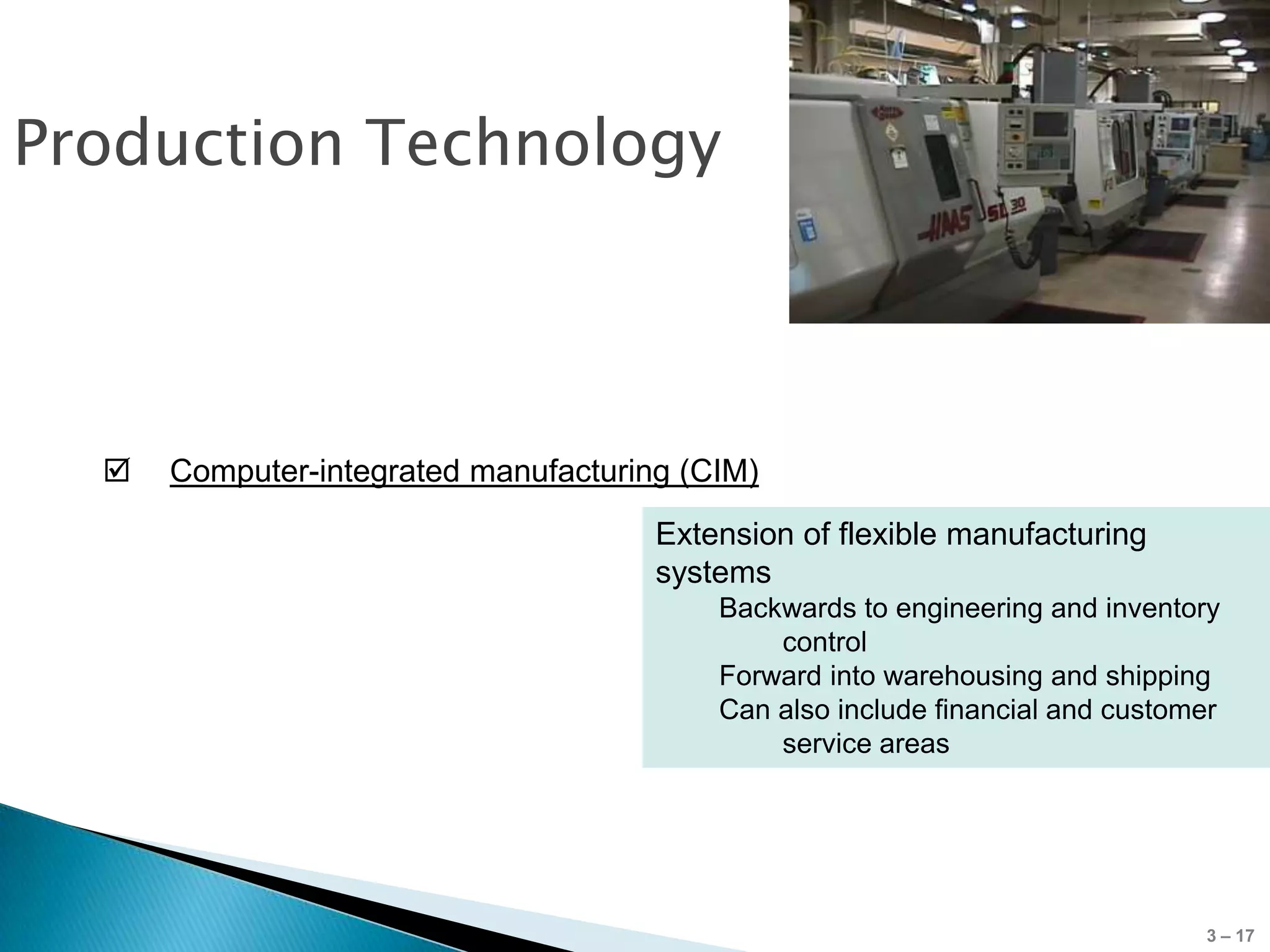 Production Technology



     Computer-integrated manufacturing (CIM)
                                      Extension of flexible manufacturing
                                      systems
                                          Backwards to engineering and inventory
                                              control
                                          Forward into warehousing and shipping
                                          Can also include financial and customer
                                              service areas




                                                                               3 – 17
 