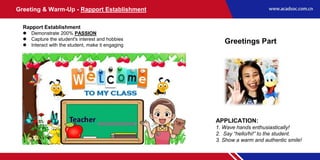 Greeting & Warm-Up - Rapport Establishment
APPLICATION:
1. Wave hands enthusiastically!
2. Say “hello/hi!” to the student.
3. Show a warm and authentic smile!
Rapport Establishment
 Demonstrate 200% PASSION
 Capture the student's interest and hobbies
 Interact with the student, make it engaging
Greetings Part
 