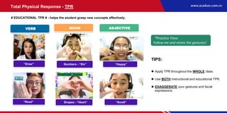 VERB NOUN ADJECTIVE
“Read”
Numbers - “Six”
Shapes - “Heart”
“Happy”
“Small”
“Draw”
Total Physical Response - TPR
# EDUCATIONAL TPR # - helps the student grasp new concepts effectively.
*Practice Time:
Follow me and mimic the gestures!
TIPS:
 Apply TPR throughout the WHOLE class.
 Use BOTH instructional and educational TPR.
 EXAGGERATE your gestures and facial
expressions.
 