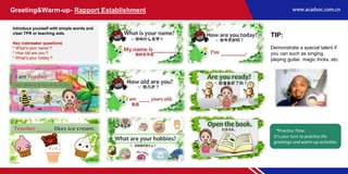 Introduce yourself with simple words and
clear TPR or teaching aids.
Key icebreaker questions:
* What’s your name？
* How old are you？
* What’s your hobby？
Greeting&Warm-up- Rapport Establishment
*Practice Time:
It’s your turn to practice the
greetings and warm-up activities.
TIP:
Demonstrate a special talent if
you can such as singing,
playing guitar, magic tricks, etc.
 