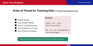 Rules of Thumb for Teaching Kids (*4~10 years old, beginner level):
 Speak Slowly
 Use Simple Words
 Avoid Long Sentences
 Use Gestures to Teach
 Use Props to Engage
*Reflection: How will the student react if you don’t follow the rules?
Examples:
√ What’s…. your….. name?
× May I know your name?
√ Do…. you….. like… singing (gestures)?
× Do you prefer singing?
Know Your Students
 