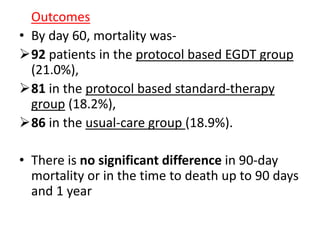 Outcomes 
• By day 60, mortality was- 
92 patients in the protocol based EGDT group 
(21.0%), 
81 in the protocol based standard-therapy 
group (18.2%), 
86 in the usual-care group (18.9%). 
• There is no significant difference in 90-day 
mortality or in the time to death up to 90 days 
and 1 year 
 