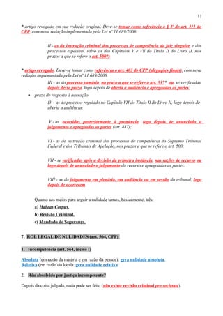 11
* artigo revogado em sua redação original. Deve-se tomar como referência o § 4º do art. 411 do
CPP, com nova redação implementada pela Lei nº 11.689/2008.
II - as da instrução criminal dos processos de competência do juiz singular e dos
processos especiais, salvo os dos Capítulos V e Vll do Título II do Livro II, nos
prazos a que se refere o art. 500*;
* artigo revogado. Deve-se tomar como referência o art. 403 do CPP (alegações finais), com nova
redação implementada pela Lei nº 11.689/2008.
III - as do processo sumário, no prazo a que se refere o art. 537*, ou, se verificadas
depois desse prazo, logo depois de aberta a audiência e apregoadas as partes;
• prazo de resposta à acusação
IV - as do processo regulado no Capítulo VII do Título II do Livro II, logo depois de
aberta a audiência;
V - as ocorridas posteriormente à pronúncia, logo depois de anunciado o
julgamento e apregoadas as partes (art. 447);
VI - as de instrução criminal dos processos de competência do Supremo Tribunal
Federal e dos Tribunais de Apelação, nos prazos a que se refere o art. 500;
VII - se verificadas após a decisão da primeira instância, nas razões de recurso ou
logo depois de anunciado o julgamento do recurso e apregoadas as partes;
VIII - as do julgamento em plenário, em audiência ou em sessão do tribunal, logo
depois de ocorrerem.
Quanto aos meios para arguir a nulidade temos, basicamente, três:
a) Habeas Corpus.
b) Revisão Criminal.
c) Mandado de Segurança.
7. ROL LEGAL DE NULIDADES (art. 564, CPP):
1. Incompetência (art. 564, inciso I)
Absoluta (em razão da matéria e em razão da pessoa): gera nulidade absoluta.
Relativa (em razão do local): gera nulidade relativa.
2. Réu absolvido por justiça incompetente?
Depois da coisa julgada, nada pode ser feito (não existe revisão criminal pro societate).
 