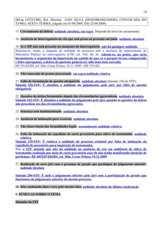 14
(REsp 647223/MG, Rel. Ministra JANE SILVA (DESEMBARGADORA CONVOCADA DO
TJ/MG), SEXTA TURMA, julgado em 01/04/2008, DJe 22/04/2008)
17. Cerceamento da defesa: nulidade absoluta, em regra. Depende do nível de cerceamento.
18. Ausência de interrogatório de réu que está preso ou presente em juízo: nulidade absoluta.
19. Se o MP não está presente no momento do interrogatório: não há qualquer nulidade.
Rejeitou-se, ainda, a alegação de nulidade do processo ante a ausência do representante do
Ministério Público no interrogatório (CPP, art. 564, III, d). Aduziu-se, no ponto, que seria
inconsistente o argumento da impetração no sentido de que, se o parquet tivesse comparecido
e feito reperguntas, a defesa do paciente poderia ter sido mais bem exercida.
HC 95142/RS, rel. Min. Cezar Peluso, 18.11.2008. (HC-95142)
20. Não concessão de prazos processuais: em regra nulidade relativa.
21. Falta de formulação de quesito obrigatório: nulidade absoluta (Súmula 156 do STF);
Súmula 156-STF: É absoluta a nulidade do julgamento, pelo júri, por falta de quesito
obrigatório.
22. Quesitos da defesa formulados depois das circunstâncias agravadoras: nulidade absoluta.
Súmula 162-STF: É absoluta a nulidade do julgamento pelo júri, quando os quesitos da defesa
não precedem aos das circunstâncias agravantes.
23. Sentença sem fundamentação: nulidade absoluta.
24. Ausência de intimação para recursos: nulidade absoluta.
25. Não observância das formalidades legais: normalmente nulidade relativa.
26. Falta de intimação da expedição de carta precatória para oitiva de testemunha: nulidade
relativa.
Súmula 155-STF: É relativa a nulidade do processo criminal por falta de intimação da
expedição de precatória para inquirição de testemunha.
Mas o STF entende que não há nulidade na ausência do réu em audiência de oitiva de
testemunha realizada por meio de carta precatória caso ele não tenha manifestado intenção de
participar: RE 602543 QO/RS, rel. Min. Cezar Peluso, 19.11.2009
27. Realização de novo júri com a presença de jurado que participou do julgamento anterior:
nulidade absoluta.
Súmula 206-STF: É nulo o julgamento ulterior pelo júri com a participação de jurado que
funcionou em julgamento anterior do mesmo processo.
28. Réu condenado duas vezes pelo mesmo fato: nulidade absoluta da última condenação
9. SÚMULAS SOBRE O TEMA
Súmulas do STF
 