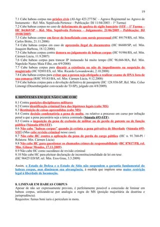 19
7.1 Cabe habeas corpus nas prisões civis (AI-Agr 423.277/SC – Agravo Regimental no Agravo de
Instumento – Rel: Min. Sepúlveda Pertence – Publicação: DJ 11/04/2003 – 1ª Turma)
7.2 Cabe habeas corpus no caso de deferimento de quebra de sigilo bancário (STF – 1ª Turma –
HC 84.869/SP – Rel. Min. Sepúlveda Pertence – Julgamento: 21/06/2005 – Publicação: DJ
19/08/2005)
7.3 Cabe habeas corpus em favor de beneficiado com sursis processual (HC 89179/RS, rel. Min.
Carlos Britto, 21.11.2006)
7.4 Cabe habeas corpus em caso de apreensão ilegal de documentos (HC 86600/SP, rel. Min.
Joaquim Barbosa, 18.12.2006)
7.5 Cabe habeas corpus contra demora no julgamento de habeas corpus (HC 91986/RS, rel. Min.
Cármen Lúcia, 11.9.2007)
7.6 Cabe habeas corpus para trancar IP instaurado há muito tempo (HC 96.666-MA, Rel. Min.
Napoleão Nunes Maia Filho, em 4/9/2008)
7.7 Cabe habeas corpus para discutir a existência ou não de impedimento ou suspeição de
magistrado (HC 92893/ES, rel. Min. Ricardo Lewandowski, 2.10.2008)
7.8 Cabe habeas corpus para evitar que a pessoa seja obrigada a realizar exame de DNA fora de
sua comarca (RHC 95183/BA, rel. Min. Cármen Lúcia, 9.12.2008)
7.9 Cabe habeas corpus para a devolução definitiva de passaporte (HC 128.938-SP, Rel. Min. Celso
Limongi (Desembargador convocado do TJ-SP), julgado em 4/8/2009)
8. HIPÓTESES EM QUE NÃO CABE O HC
8.1 Contra punições disciplinares militares
8.2 Contra identificação criminal fora das hipóteses legais (cabe MS)
8.3 Restituição de coisas apreendidas (cabe MS)
8.4 Contra decisão condenatória a pena de multa, ou relativo a processo em curso por infração
penal a que a pena pecuniária seja a única cominada (Súmula 693-STF).
8.5 Contra a imposição da pena de exclusão de militar ou de perda de patente ou de função
pública (Súmula 694-STF).
8.6 Não cabe "habeas corpus" quando já extinta a pena privativa de liberdade (Súmula 695-
STF) (Mas cabe revisão criminal nesse caso).
8.7 Não cabe HC contra a aplicação da pena de perda do cargo público (HC n. 91.760-PI /
Relatora: Min. Cármen Lúcia)
8.8 Não cabe HC para questionar os chamados crimes de responsabilidade (HC 87817/PB, rel.
Min. Gilmar Mendes, 17.11.2009).
8.9 Não cabe HC como sucedâneo de revisão criminal
8.10 Não cabe HC para pleitear declaração de inconstitucionalidade de lei em tese:
(HC 96425 ED/SP, rel. Min. Eros Grau, 3.3.2009)
Assim, o Estado de Defesa e o Estado de Sítio não suspendem a garantia fundamental do
habeas corpus, mas diminuem sua abrangência, à medida que impõem uma maior restrição
legal à liberdade de locomoção.
8. LIMINAR EM HABEAS CORPUS
Apesar de não ser expressamente previsto, é perfeitamente possível a concessão de liminar em
habeas corpus, utilizando-se por analogia a regra do MS (posição majoritária da doutrina e
jurisprudência).
Requisitos: fumus boni iuris e periculum in mora.
 
