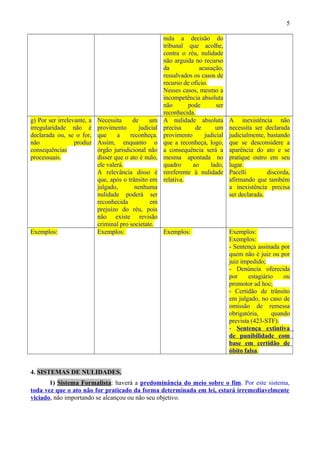 5
nula a decisão do
tribunal que acolhe,
contra o réu, nulidade
não arguida no recurso
da acusação,
ressalvados os casos de
recurso de ofício.
Nesses casos, mesmo a
incompetência absoluta
não pode ser
reconhecida.
g) Por ser irrelevante, a
irregularidade não é
declarada ou, se o for,
não produz
consequências
processuais.
Necessita de um
provimento judicial
que a reconheça.
Assim, enquanto o
órgão jurisdicional não
disser que o ato é nulo,
ele valerá.
A relevância disso é
que, após o trânsito em
julgado, nenhuma
nulidade poderá ser
reconhecida em
prejuízo do réu, pois
não existe revisão
criminal pro societate.
A nulidade absoluta
precisa de um
provimento judicial
que a reconheça, logo,
a consequência será a
mesma apontada no
quadro ao lado,
rereferente à nulidade
relativa.
A inexistência não
necessita ser declarada
judicialmente, bastando
que se desconsidere a
aparência do ato e se
pratique outro em seu
lugar.
Pacelli discorda,
afirmando que também
a inexistência precisa
ser declarada.
Exemplos: Exemplos: Exemplos: Exemplos:
Exemplos:
- Sentença assinada por
quem não é juiz ou por
juiz impedido;
- Denúncia oferecida
por estagiário ou
promotor ad hoc;
- Certidão de trânsito
em julgado, no caso de
omissão de remessa
obrigatória, quando
prevista (423-STF).
- Sentença extintiva
de punibilidade com
base em certidão de
óbito falsa.
4. SISTEMAS DE NULIDADES.
1) Sistema Formalista: haverá a predominância do meio sobre o fim. Por este sistema,
toda vez que o ato não for praticado da forma determinada em lei, estará irremediavelmente
viciado, não importando se alcançou ou não seu objetivo.
 