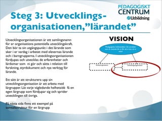 Steg 3: Utvecklings-
organisationen,”lärandet”
Utvecklingsorganisationen är ett samlingsnamn
för er organisations potentiella utvecklingskraft.
Den bör ta sin utgångspunkt i det lärande som
sker i er vardag i arbetet med elevernas lärande
och i barngrupperna. I utvecklingsorganisationen
fördjupas och utvecklas de erfarenheter och
lärdomar som ni gör och sätts i relation till
forskning, styrdokument och nya verktyg för
lärande. 

Ett sätt är att strukturera upp sin
utvecklingsorganisation är att arbeta med
lärgrupper. Låt varje vägledande helhetsidé få en
egen lärgrupp som fördjupar sig och sprider
utvecklingen till övriga. 

På nästa sida ﬁnns ett exempel på
samtalsstruktur för en lärgrupp
 