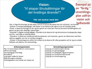 Vision:
”Vi skapar förutsättningar för
det livslånga lärandet”!
För att lyckas med det

-Har vi höga förväntningar på alla elever och en tro på att alla eleven kan och vill lyckas i sitt lärande.
- Arbetar vi med genrepedagogik i alla klasser så att eleverna blir ägare av ett väl utvecklat språk.
-Tränar vi elevernas förmåga att lära sig lära genom att möta dem med ett formativt förhållningssätt och
genom att göra dem delaktiga i planeringen.
- Använder vi digitala verktyg dagligen i lärandet så att eleverna lär sig kommunicera, kunskapssöka, skapa
och lära med hjälp av tidsenlig teknik.
- Stimulerar vi elevernas entreprenöriella kompetenser och kreativitet genom att tillsammans med dem
utforma uppgifter som har en verklig mottagare.
- Arbetar vi ämnesintegrerat utifrån vårt årshjul så att eleverna får olika perspektiv och lär sig att se både
helheten och delarna i ett sammanhang.
Arbetsorganisation
Max 15 mentorselever.Alla har mentorselever!
IUP-tid schemalagt
Genrepedagogik schemalagt
Ämnesblock
Lärgrupper istället för klasser
Åldershomogena arbetslag
Arbetslagsledare med mandat och nedsatt tid


Utvecklingsorganisation
Lärgrupp om bedömning för lärande
Lärgrupp om genrepedagogik
Lärgrupp om pedagogisk, digital kompetens
Lärgrupp om entreprenöriellt lärande
Lärgrupp om ämnesintegrering




Exempel på
en ”färdig ”
utvecklings-
plan utifrån
vision och
helhetsidé
 