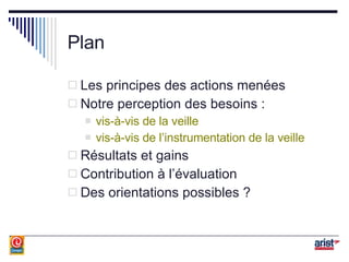 Plan Les principes des actions menées Notre perception des besoins : vis-à-vis de la veille vis-à-vis de l’instrumentation de la veille Résultats et gains Contribution à l’évaluation Des orientations possibles ? 