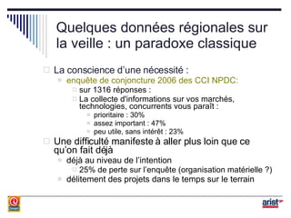 Quelques données régionales sur la veille : un paradoxe classique La conscience d’une nécessité : enquête de conjoncture 2006 des CCI NPDC: sur 1316 réponses : La collecte d'informations sur vos marchés, technologies, concurrents vous paraît : prioritaire : 30% assez important : 47% peu utile, sans intérêt : 23% Une difficulté manifeste à aller plus loin que ce qu’on fait déjà déjà au niveau de l’intention 25% de perte sur l’enquête (organisation matérielle ?) délitement des projets dans le temps sur le terrain  