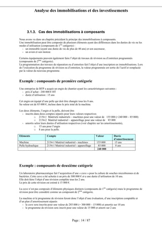 Analyse des immobilisations et des investissements
Page : 14 / 87
3.1.3. Cas des immobilisations à composants
Nous avons vu dans un chapitre précédent le principe des immobilisations à composants.
Une immobilisation peut être composée de plusieurs éléments ayant des différences dans les durées de vie ou les
modes d’utilisation (composants de 1ère
catégorie) :
- un immeuble (ayant une durée de vie de plus de 40 ans) et son ascenseur,
- un avion et son moteur.
Certains équipements peuvent également faire l’objet de travaux de révision ou d’entretien programmés
(composants de 2ème
catégorie).
La programmation des travaux de réparation ou d’entretien fait l’objet d’une inscription en immobilisations. Lors
de l’exécution du programme de révision ou d’entretien, la valeur programmée est sortie de l’actif et remplacée
par la valeur du nouveau programme.
Exemple : composants de première catégorie
Une entreprise de BTP a acquis un engin de chantier ayant les caractéristiques suivantes :
- prix d’achat : 240 000 € HT
- durée d’utilisation : 15 ans
Cet engin est équipé d’une pelle qui doit être changée tous les 8 ans.
Sa valeur est de 85 000 €, incluse dans le prix total de la machine.
Les deux éléments, l’engin et la pelle, doivent être
- inscrits dans deux comptes séparés pour leurs valeurs respectives
o 2154-1 Matériels industriels – machines pour une valeur de 155 000 (=240 000 – 85 000)
o 2154-2 Matériel industriel – appareillage pour une valeur de 85 000
- amortis selon leurs durées d’utilisation respectives (voir chapitre sur les amortissements),
o 15 ans pour l’engin
o 8 ans pour la pelle.
Eléments Compte Valeur Durée
d’amortissement
Machine 2154-1 Matériel industriel - machines 155 000 15 ans
Pelle hydraulique 2154-1 Matériel industriel - appareillage 85 000 8 ans
. 240 000
Exemple : composants de deuxième catégorie
Un laboratoire pharmaceutique fait l’acquisition d’une « cuve » pour la culture de souches microbiennes et de
bactéries. Cette cuve a été achetée à un prix de 300 000 € et a une durée d’utilisation de 10 ans.
Elle doit faire l’objet d’une révision complète tous les 2 ans.
Le prix de cette révision est estimé à 15 000 €.
La cuve n’est pas composée d’éléments physiques distincts (composants de 1ère
catégorie) mais le programme de
révision peut être considéré comme un composant de 2ème
catégorie.
La machine et le programme de révision feront donc l’objet d’une évaluation, d’une inscription comptable et
d’un plan d’amortissement séparés
- la cuve sera inscrite pour une valeur de 285 000 (= 300 000 – 15 000) et amortie sur 10 ans
- le programme de révision sera inscrit pour une valeur de 15 000 et amorti sur 2 ans
 