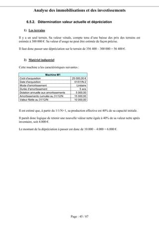 Analyse des immobilisations et des investissements
Page : 45 / 87
6.5.2. Détermination valeur actuelle et dépréciation
1) Les terrains
Il y a un seul terrain. Sa valeur vénale, compte tenu d’une baisse des prix des terrains est
estimée à 300 000 €. Sa valeur d’usage ne peut être estimée de façon précise.
Il faut donc passer une dépréciation sur le terrain de 356 400 – 300 000 = 56 400 €.
2) Matériel industriel
Cette machine a les caractéristiques suivantes :
Machine M1
Coût d'acquisition 25 000,00 €
Date d'acquisition 01/01/N-2
Mode d'amortissement Linéaire
Durée d'amortissement 5 ans
Dotation annuelle aux amortissements 5 000,00
Amortissements cumulés au 31/12/N 15 000,00
Valeur Nette au 31/12/N 10 000,00
Il est estimé que, à partir du 1/1/N+1, sa production effective est 40% de sa capacité initiale.
Il paraît donc logique de retenir une nouvelle valeur nette égale à 40% de sa valeur nette après
inventaire, soit 4.000 €.
Le montant de la dépréciation à passer est donc de 10.000 – 4.000 = 6.000 €.
 