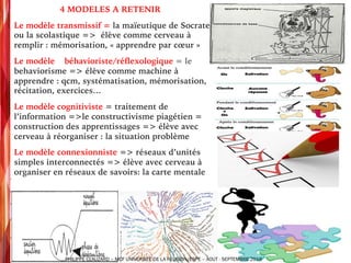 4 MODELES A RETENIR
ü Le modèle transmissif = la maïeutique de Socrate
ou la scolastique => élève comme cerveau à
remplir : mémorisation, « apprendre par cœur »
ü Le modèle béhavioriste/réflexologique = le
behaviorisme => élève comme machine à
apprendre : qcm, systématisation, mémorisation,
récitation, exercices…
ü Le modèle cognitiviste = traitement de
l’information =>le constructivisme piagétien =
construction des apprentissages => élève avec
cerveau à réorganiser : la situation problème
ü Le modèle connexionniste => réseaux d’unités
simples interconnectés => élève avec cerveau à
organiser en réseaux de savoirs: la carte mentale
PHILIPPE CLAUZARD – MCF UNIVERSITE DE LA REUNION/ESPE – AOUT - SEPTEMBRE 2016
 
