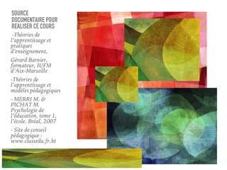 SOURCE
DOCUMENTAIRE POUR
REALISER CE COURS
-Théories de
l’apprentissage et
pratiques
d’enseignement,
Gérard Barnier,
formateur, IUFM
d’Aix-Marseille
-Théories de
l’apprentissage et
modèles pédagogiques
- MERRI M. &
PICHAT M.
Psychologie de
l’éducation, tome 1,
l’école. Bréal, 2007
- Site de conseil
pédagogique :
www.classedu.fr.ht
 