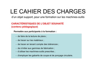 LE CAHIER DES CHARGES
d’un objet support, pour une formation sur les machines-outils
CARACTÉRISTIQUES DE L’OBJET SOUHAITÉ
(contenu pédagogique)
Permettre aux participants à la formation :
- de faire de la lecture de plans ;
- de tracer sur les matériaux ;
- de tracer en tenant compte des tolérances ;
- de s’initier aux gammes de fabrication ;
- d’utiliser les machines-outils prescrites ;
- d’employer les gabarits de coupe et de ponçage circulaire.
 