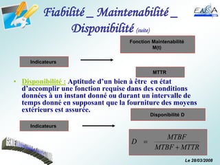 Le 28/03/2008
Fiabilité _ Maintenabilité _
Disponibilité (suite)
• Disponibilité : Aptitude d’un bien à être en état
d’accomplir une fonction requise dans des conditions
données à un instant donné ou durant un intervalle de
temps donné en supposant que la fourniture des moyens
extérieurs est assurée.
Indicateurs
Disponibilité D
MTTR
MTBF
MTBF
D


Indicateurs
Fonction Maintenabilité
M(t)
MTTR
 