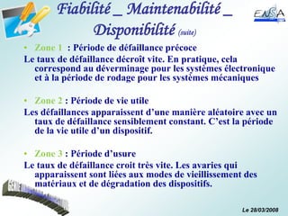 Le 28/03/2008
Fiabilité _ Maintenabilité _
Disponibilité (suite)
• Zone 1 : Période de défaillance précoce
Le taux de défaillance décroît vite. En pratique, cela
correspond au déverminage pour les systèmes électronique
et à la période de rodage pour les systèmes mécaniques
• Zone 2 : Période de vie utile
Les défaillances apparaissent d’une manière aléatoire avec un
taux de défaillance sensiblement constant. C’est la période
de la vie utile d’un dispositif.
• Zone 3 : Période d’usure
Le taux de défaillance croit très vite. Les avaries qui
apparaissent sont liées aux modes de vieillissement des
matériaux et de dégradation des dispositifs.
 