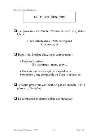 Cours de Systèmes d'Exploitation
Université de Valenciennes - ISTV -13- H.Bourzoufi
LES PROCESSUS UNIX
q Le processus est l'entité d'exécution dans le système
UNIX.
Toute activité dans UNIX correspond
à un processus
q Dans UNIX, il existe deux types de processus :
- Processus système
(Ex : swapper, crons, getty ....)
- Processus utilisateur qui correspondent à
l'exécution d'une commande ou d'une application.
q Chaque processus est identifié par un numéro : PID
(Process IDentifier)
q La commande ps donne la liste des processus
 