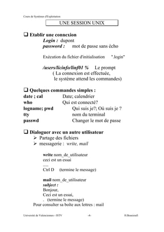 Cours de Systèmes d'Exploitation
Université de Valenciennes - ISTV -4- H.Bourzoufi
UNE SESSION UNIX
q Etablir une connexion
Login : dupont
password : mot de passe sans écho
Exécution du fichier d'initialisation ".login"
/users/licinfo/linf01 % Le prompt
( La connexion est effectuée,
le système attend les commandes)
q Quelques commandes simples :
date ; cal Date; calendrier
who Qui est connecté?
logname; pwd Qui suis je?; Où suis je ?
tty nom du terminal
passwd Changer le mot de passe
q Dialoguer avec un autre utilisateur
½ Partage des fichiers
½ messagerie : write, mail
write nom_de_utilisateur
ceci est un essai
.....
Ctrl D (termine le message)
mail nom_de_utilisateur
subject :
Bonjour,
Ceci est un essai,
. (termine le message)
Pour consulter sa boîte aux lettres : mail
 