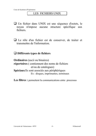 Cours de Systèmes d'Exploitation
Université de Valenciennes - ISTV -5- H.Bourzoufi
LES FICHIERS UNIX
q Un fichier dans UNIX est une séquence d'octets, le
noyau n'impose aucune structure spécifique aux
fichiers.
q Le rôle d'un fichier est de conserver, de traiter et
transmettre de l'information.
q Différents types de fichiers
Ordinaires (ascii ou binaires)
répertoires ( contiennent des noms de fichiers
et/ou de catalogues)
SpéciauxIls sont associés aux périphériques
Ex : disques, imprimantes, terminaux
Les filtres : permettent la communications entre processus
 