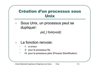 - Ecole Nationale Supérieure d'Ingénieurs de Caen - © dp - 10 -
Création d’un processus sous
Unix
z Sous Unix, un processus peut se
dupliquer:
pid_t fork(void);
z La fonction renvoie:
• -1 si erreur
• 0 pour le processus fils
• >0 pour le processus père (Process IDentification)
 
