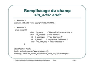 - Ecole Nationale Supérieure d'Ingénieurs de Caen - © dp - 109 -
Remplissage du champ
sin_addr.addr
z Méthode 1
addr.sin_addr.addr = inet_addr ("193.49.200.147") ;
z Méthode 2
struct hostent {
char *h_name; /* Nom officiel de la machine */
char **h_aliases; /* liste d'alias */
int h_addrtype; /* type d'adresse */
int h_length; /* longueur de l'addresse */
char **h_addr_list; /* liste d'adresses */
}
struct hostent *host ;
host = gethostbyname ("www.ensicaen.fr") ;
memcpy ( &addr.sin_addr.s_addr,host->h_addr_list [0],host->length) ;
 