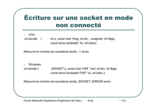- Ecole Nationale Supérieure d'Ingénieurs de Caen - © dp - 112 -
Écriture sur une socket en mode
non connecté
z Unix :
int sendto ( int s, const void *msg, int len, unsigned int flags,
const struct sockaddr *to, int tolen);
Retourne le nombre de caractères écrits, -1 sinon
z Windows:
int sendto ( SOCKET s, const char FAR * buf, int len, int flags,
const struct sockaddr FAR * to, int tolen );
Retourne le nombre de caractères écrits, SOCKET_ERROR sinon
 
