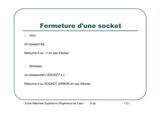 - Ecole Nationale Supérieure d'Ingénieurs de Caen - © dp - 113 -
Fermeture d'une socket
z Unix :
int close(int fd);
Retourne 0 ou –1 en cas d'échec
z Windows:
int closesocket ( SOCKET s );
Retourne 0 ou SOCKET_ERROR en cas d'échec
 