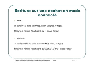 - Ecole Nationale Supérieure d'Ingénieurs de Caen - © dp - 119 -
Écriture sur une socket en mode
connecté
z Unix:
int send(int s, const void *msg, int len, unsigned int flags);
Retourne le nombre d'octets écrits ou –1 en cas d'erreur
z Windows:
int send ( SOCKET s, const char FAR * buf, int len, int flags );
Retourne le nombre d'octets écrits ou SOCKET_ERROR en cas d'erreur
 
