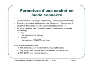 - Ecole Nationale Supérieure d'Ingénieurs de Caen - © dp - 120 -
Fermeture d'une socket en
mode connecté
z La fonction close ( ) (Unix) ou closesocket ( ) (Windows) ferme la socket.
z Toute écoute de cette socket par un hôte distant (recv ( ) ) retournera 0.
z Tout envoi de données sur cette socket (send()) retournera –1.
z En mode connecté, il est conseillé d'appeler préalablement la méthode
shutdown ( ):
• Unix:
int shutdown(int s, int how);
• Windows:
int shutdown ( SOCKET s, int how );
le paramètre how peut contenir:
- 0 (SD_RECEIVE) pour interdire la lecture sur cette socket.
- 1 (SD_SEND) pour interdire l'envoi de données sur cette socket.
- 2 (SD_BOTH) pour interdire les deux.
 