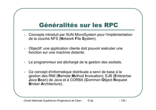 - Ecole Nationale Supérieure d'Ingénieurs de Caen - © dp - 130 -
Généralités sur les RPC
z Concepts introduit par SUN MicroSystem pour l'implémentation
de la couche NFS (Network File System).
z Objectif: une application cliente doit pouvoir exécuter une
fonction sur une machine distante.
z Le programmeur est déchargé de la gestion des sockets.
z Ce concept d'informatique distribuée a servi de base à la
gestion des RMI (Remote Method Invocation), EJB (Enterprise
Java Bean) de Java et à CORBA (Common Object Request
Broker Architecture).
 