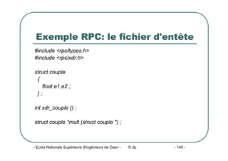 - Ecole Nationale Supérieure d'Ingénieurs de Caen - © dp - 140 -
Exemple RPC: le fichier d'entête
#include <rpc/types.h>
#include <rpc/xdr.h>
struct couple
{
float e1,e2 ;
} ;
int xdr_couple () ;
struct couple *mult (struct couple *) ;
 