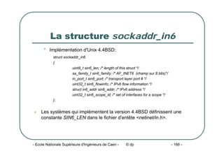 - Ecole Nationale Supérieure d'Ingénieurs de Caen - © dp - 166 -
La structure sockaddr_in6
• Implémentation d'Unix 4.4BSD:
struct sockaddr_in6
{
uint8_t sin6_len; /* length of this struct */
sa_family_t sin6_family; /* AF_INET6 (champ sur 8 bits)*/
in_port_t sin6_port; /* transport layer port # */
uint32_t sin6_flowinfo; /* IPv6 flow information */
struct in6_addr sin6_addr; /* IPv6 address */
uint32_t sin6_scope_id; /* set of interfaces for a scope */
};
z Les systèmes qui implémentent la version 4.4BSD définissent une
constante SIN6_LEN dans le fichier d'entête <netinet/in.h>.
 