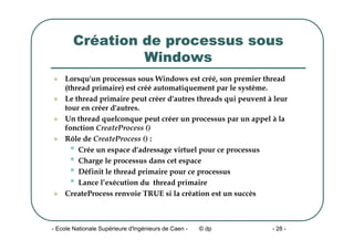 - Ecole Nationale Supérieure d'Ingénieurs de Caen - © dp - 28 -
Création de processus sous
Windows
z Lorsqu'un processus sous Windows est créé, son premier thread
(thread primaire) est créé automatiquement par le système.
z Le thread primaire peut créer d'autres threads qui peuvent à leur
tour en créer d'autres.
z Un thread quelconque peut créer un processus par un appel à la
fonction CreateProcess ()
z Rôle de CreateProcess () :
• Crée un espace d'adressage virtuel pour ce processus
• Charge le processus dans cet espace
• Définit le thread primaire pour ce processus
• Lance l’exécution du thread primaire
z CreateProcess renvoie TRUE si la création est un succès
 
