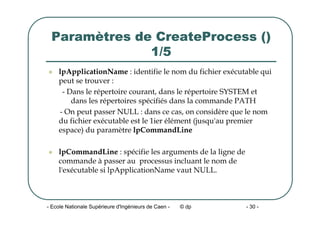 - Ecole Nationale Supérieure d'Ingénieurs de Caen - © dp - 30 -
Paramètres de CreateProcess ()
1/5
z lpApplicationName : identifie le nom du fichier exécutable qui
peut se trouver :
- Dans le répertoire courant, dans le répertoire SYSTEM et
dans les répertoires spécifiés dans la commande PATH
- On peut passer NULL : dans ce cas, on considère que le nom
du fichier exécutable est le 1ier élément (jusqu'au premier
espace) du paramètre lpCommandLine
z lpCommandLine : spécifie les arguments de la ligne de
commande à passer au processus incluant le nom de
l'exécutable si lpApplicationName vaut NULL.
 