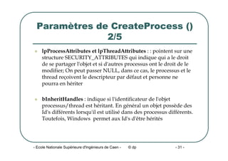 - Ecole Nationale Supérieure d'Ingénieurs de Caen - © dp - 31 -
Paramètres de CreateProcess ()
2/5
z lpProcessAttributes et lpThreadAttributes : : pointent sur une
structure SECURITY_ATTRIBUTES qui indique qui a le droit
de se partager l'objet et si d'autres processus ont le droit de le
modifier; On peut passer NULL, dans ce cas, le processus et le
thread reçoivent le descripteur par défaut et personne ne
pourra en hériter
z bInheritHandles : indique si l'identificateur de l'objet
processus/thread est héritant. En général un objet possède des
Id's différents lorsqu'il est utilisé dans des processus différents.
Toutefois, Windows permet aux Id's d'être hérités
 